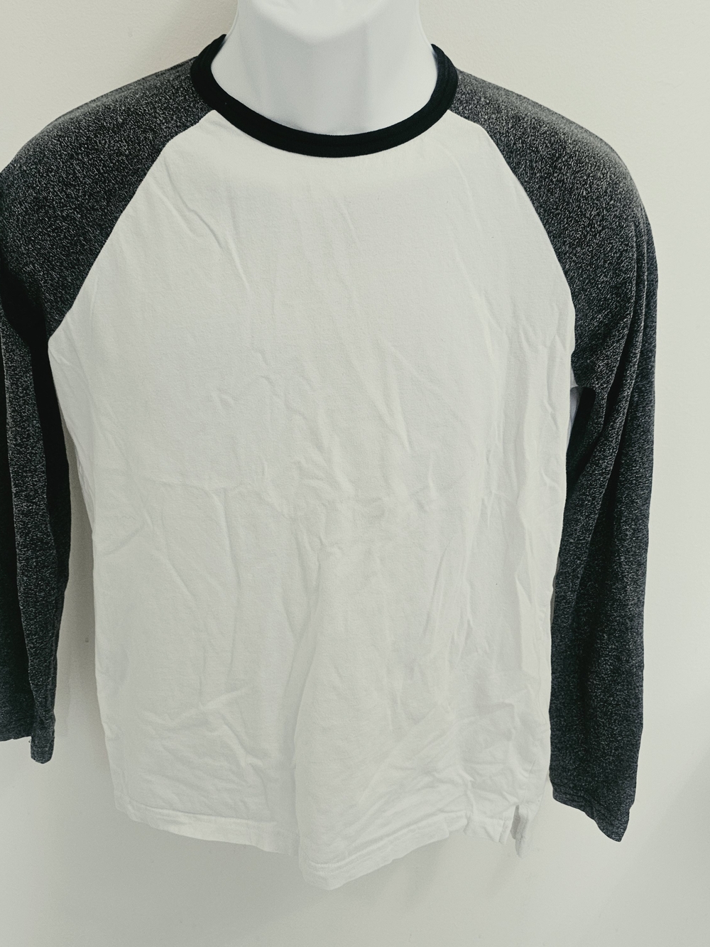 H&M White Long-Sleeve Raglan Tee with Black Heathered Sleeves, Sz 12-14Y, Cotton